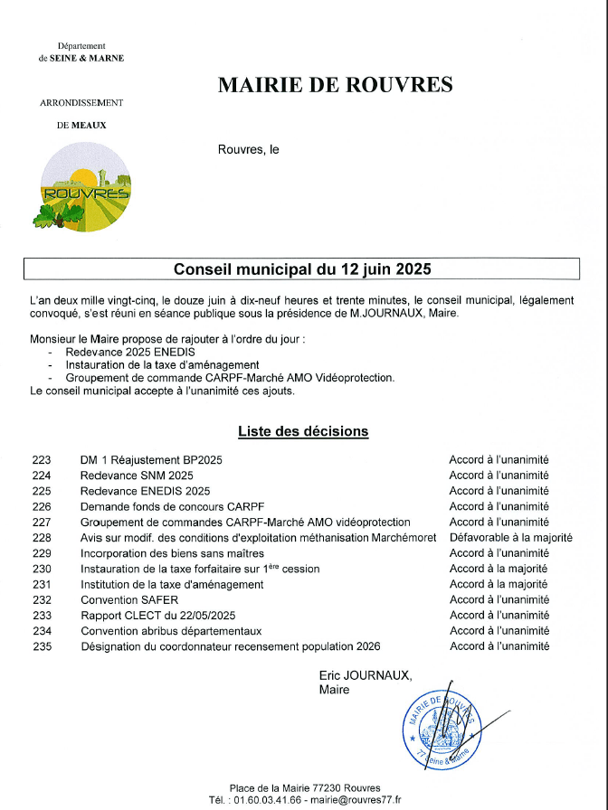 Liste des décisions CM 12/06/25